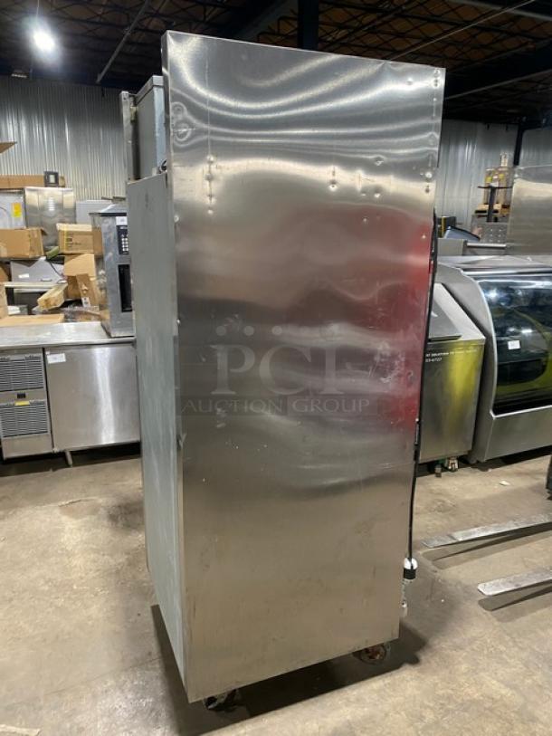 Traulsen RET132EUT-FHS commercial stainless steel single door refrigerator on casters, with adjustable shelving, used condition.