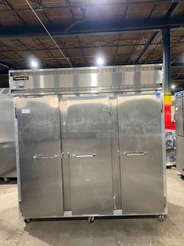 Continental 3F Stainless Steel 3-Door Reach-In Freezer on casters, Energy Star certified, with poly-coated wired rack.