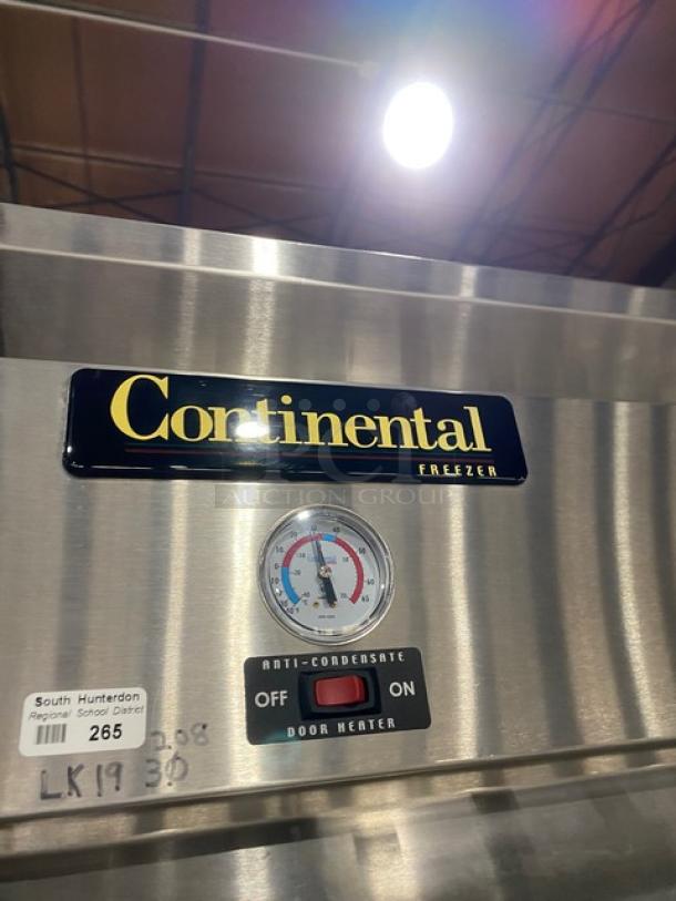 Continental 3F stainless steel 3-door freezer with dial gauge and anti-condensate feature. Energy Star certified, on casters.