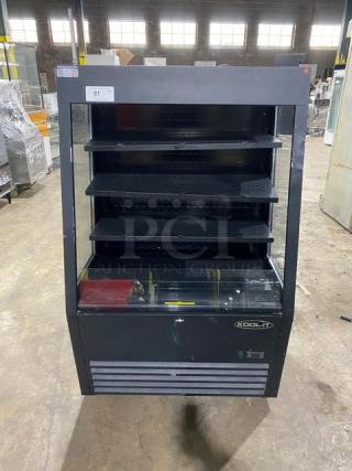 Kool-It KOM36XBK refrigerated open display case, black, multi-tier, adjustable shelving, model: KOM-36XBK, SN: 1203922050025.