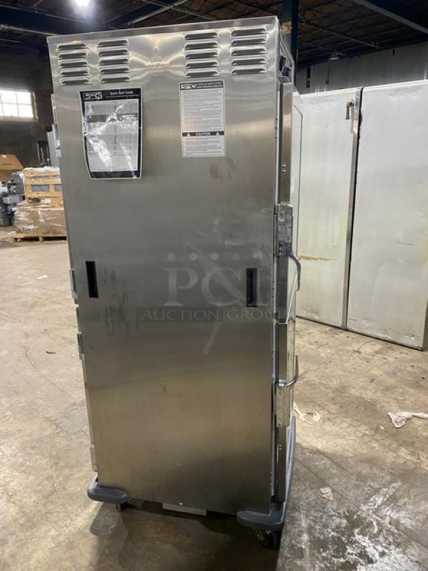 Metro Commercial Stainless Steel Insulated Heated Cabinet, Model C599SDCUPDC, with glass half door, pan rack, 120V, on casters.
