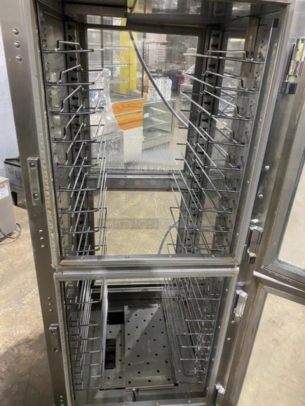 Metro C599SDCUPDC stainless steel heated cabinet with glass half door, pan holding rack, on casters, excellent condition.