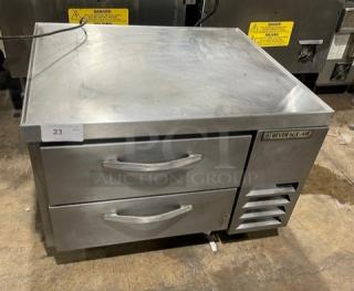 Beverage-Air stainless steel 2-drawer refrigerated chef base, model WTRCS36-1-003, on casters, SN: 12304156, 115V 1 Phase.
