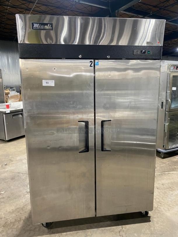 Migali C2R commercial stainless steel 2-door reach-in refrigerator on casters, Energy Star certified, 115V, 1 phase.