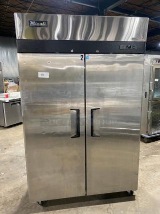 Migali C2R commercial stainless steel 2-door reach-in refrigerator on casters, Energy Star certified, 115V, 1 phase.