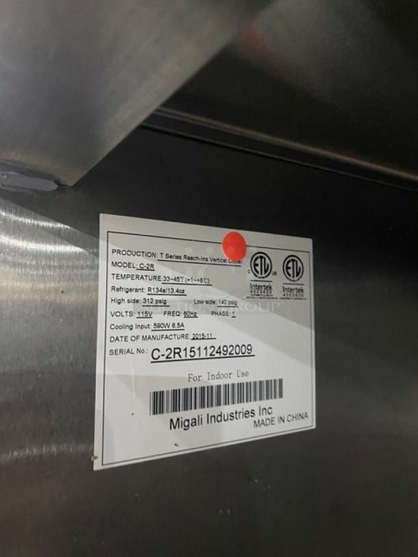 Migali Commercial 2-Door Stainless Steel Refrigerator, Model C-2R, Energy Star Certified, 115V, on casters, serial C-2R15112492009.