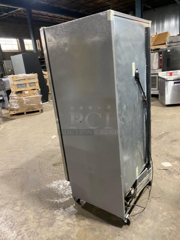 Kelvinator stainless steel single door reach-in freezer, model KFS220RHY1, Energy Star certified, on casters.