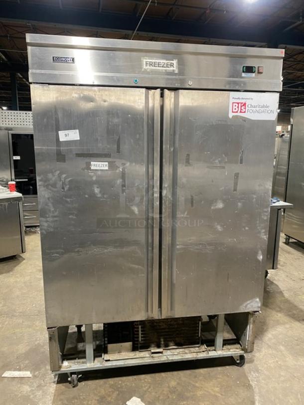 Economy EF2 commercial stainless steel 2-door reach-in freezer on casters. Energy Star certified, poly coated wired rack.