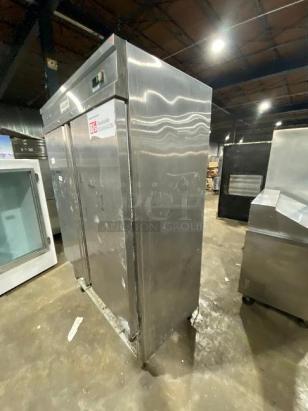 Economy EF2 2-door stainless steel reach-in freezer, Energy Star certified, poly-coated wire rack, on casters, 115V.