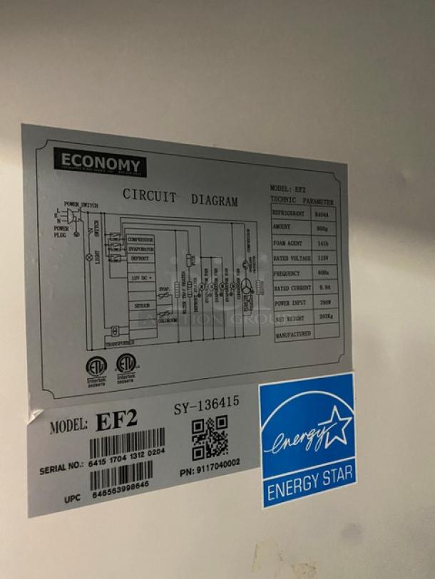 Economy EF2 commercial freezer, Energy Star certified, stainless steel, 2-door, poly coated rack, model and serial number labels.