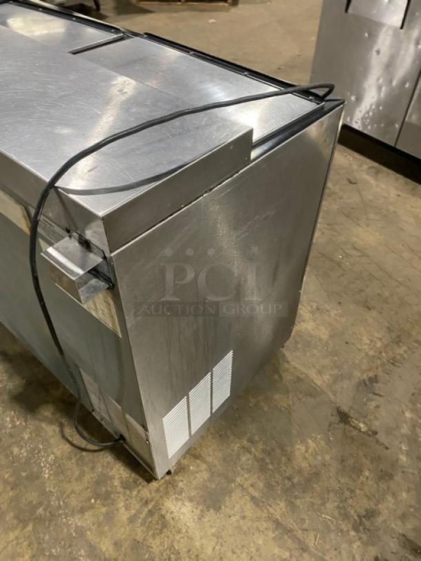 Perlick Commercial Stainless Steel Double Section Back Bar Cooler, Model FR48SS, features sliding lids, chrome rack, on casters.