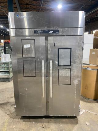 Victory Ultraspec stainless steel 2-door reach-in refrigerator, model RS2D31, on casters, with digital controls and poly-coated rack.