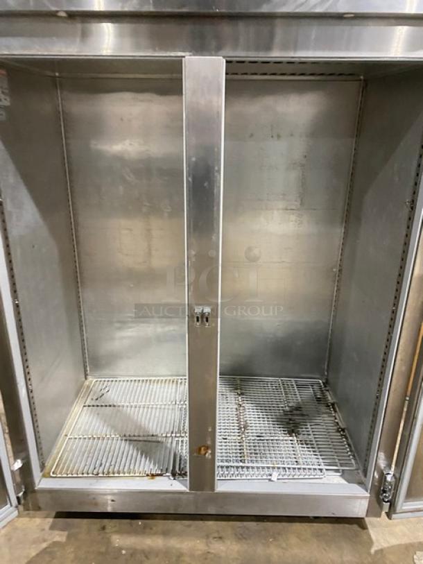 Victory Ultraspec RS-2D-31 stainless steel 2-door reach-in refrigerator, includes poly-coated wired rack, digital controls, on casters.