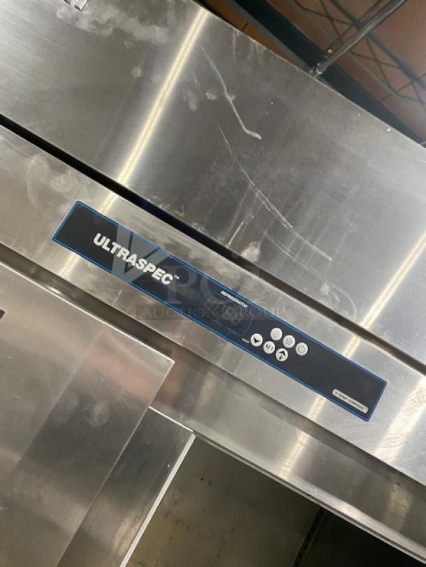 Victory Ultraspec Commercial 2-Door Refrigerator, Model RS2D31, stainless steel, digital controls, on casters, used condition.