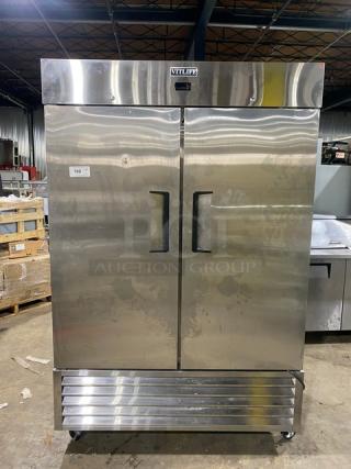Vitlife VRB54F 2-door stainless steel reach-in freezer. Features chrome plated wired rack. 115V, on casters, commercial use.