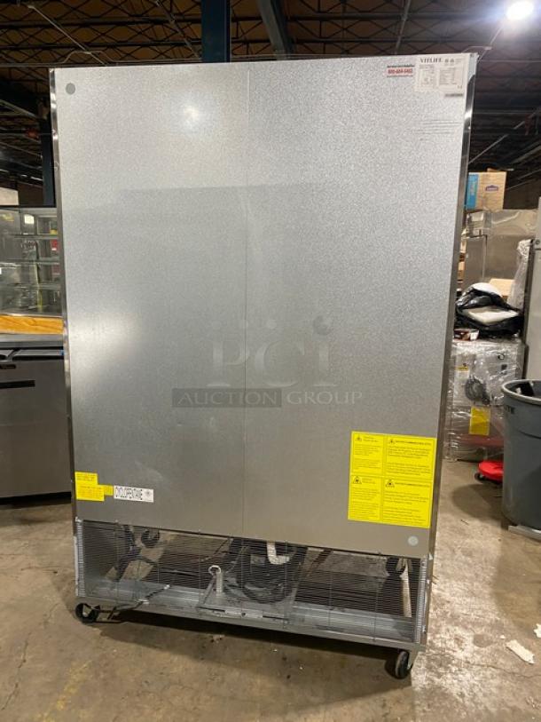 Vitlife VRB54F stainless steel 2-door reach-in freezer on casters, includes chrome-plated wired rack, 115V, commercial use.