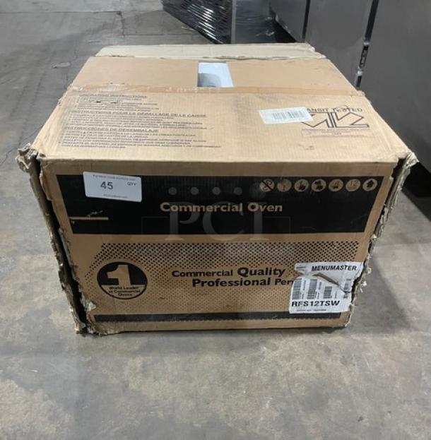 NEW Menumaster RFS12TSW Commercial Microwave Oven in box, digital controls, stainless steel, 120V, SN: 1301510098.