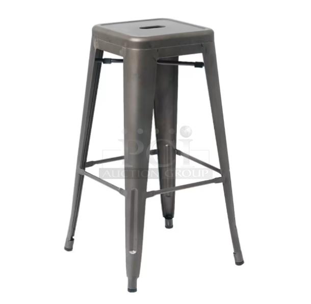 Brand new gunmetal grey backless bistro-style stackable bar-height stool, industrial design, sturdy metal construction.