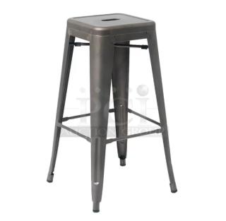 Brand new gray gunmetal backless stackable bar-height stool, industrial style, commercial quality, durable metal design.