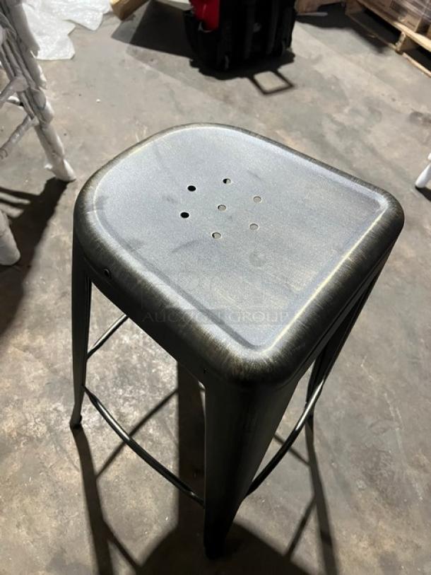 Brand new backless bar-height stool, black/antique gold distressed finish, stackable, industrial style, commercial use.