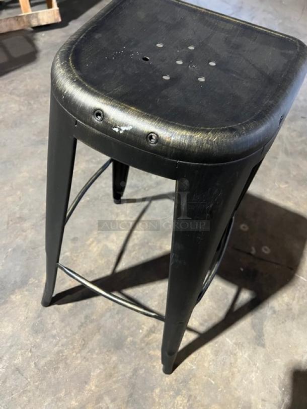 Black antique gold distressed backless bar-height stool, stackable, industrial style, brand new condition.