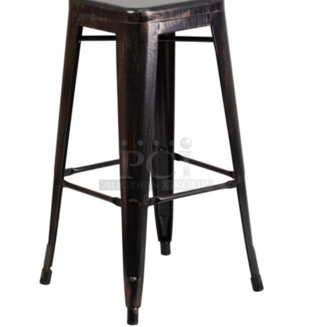 Brand new stackable bar-height stool, black with antique gold distressed finish, backless, bistro/industrial style.