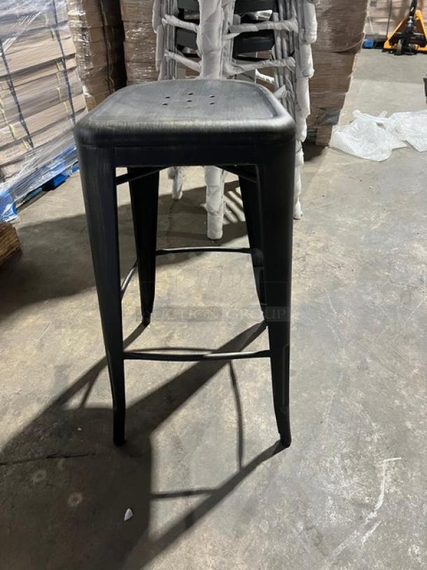 Brand new black/antique gold distressed bar-height stackable stool, backless, bistro/industrial style, pristine condition.