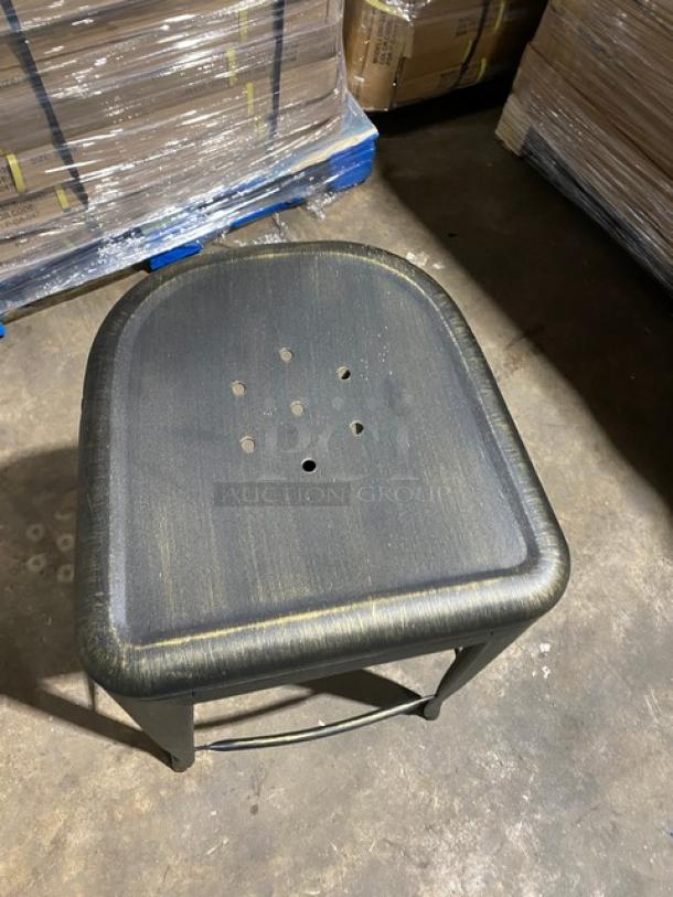 Brand new industrial style stackable bar-height stool, black/antique gold distressed finish, backless, commercial use.