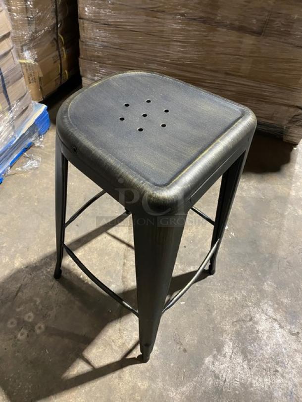 Brand new black/antique gold distressed stackable bar stool, backless, industrial style, bar-height, steel construction.