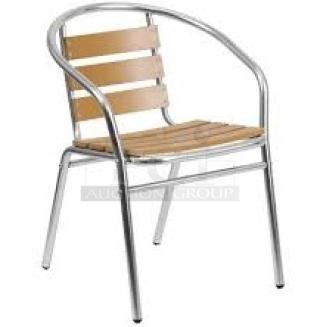Brand new aluminum stackable dining/patio chair with faux teak slat back and seat; suitable for indoor/outdoor use.