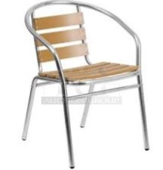 Commercial aluminum stackable chair with faux teak slat back and seat; suitable for indoor/outdoor use; brand new condition.