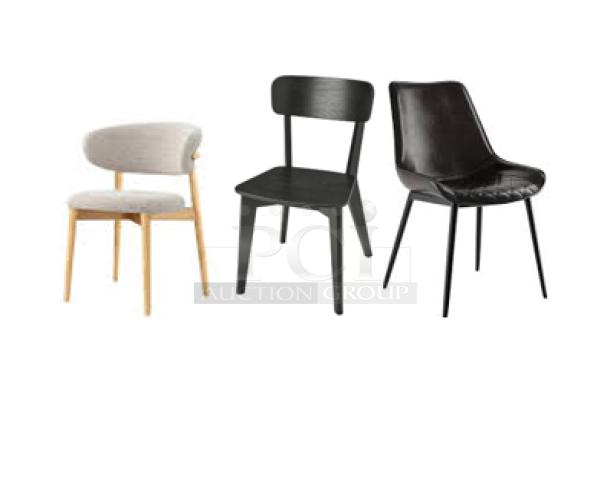 Three brand new mid-century style dining chairs; includes a light wood chair with beige cushion, black wooden chair, and black leatherette chair.