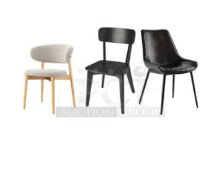 Three brand new mid-century style dining chairs; includes a light wood chair with beige cushion, black wooden chair, and black leatherette chair.