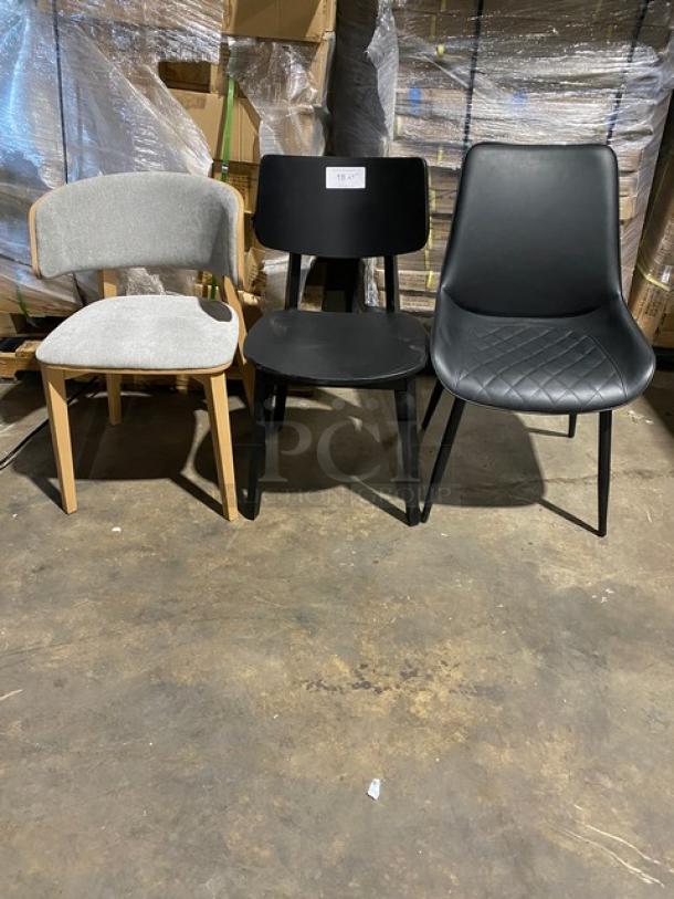 Assorted mid-century style dining chairs, new condition. Includes gray fabric, black wood, and black faux leather designs.