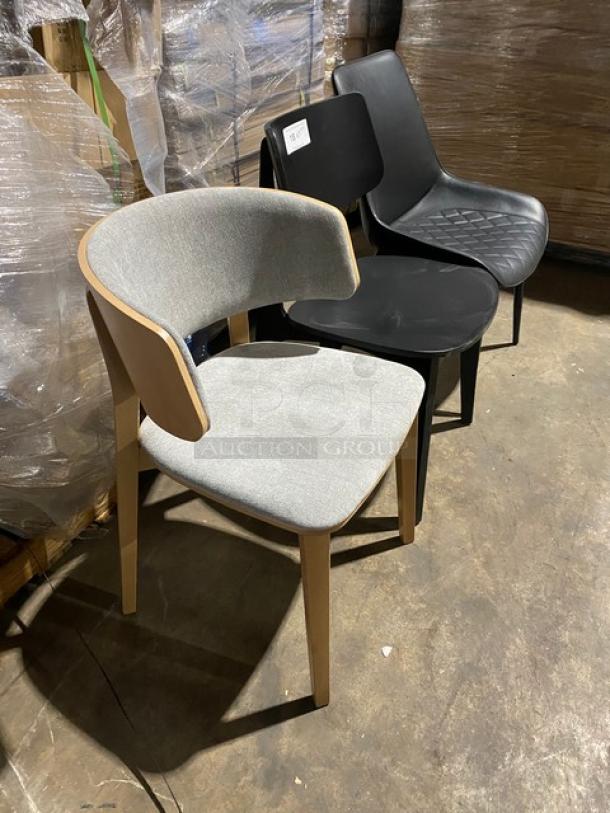 Brand new mid-century style dining chairs, assorted designs, wood and upholstered materials, ideal for commercial use.