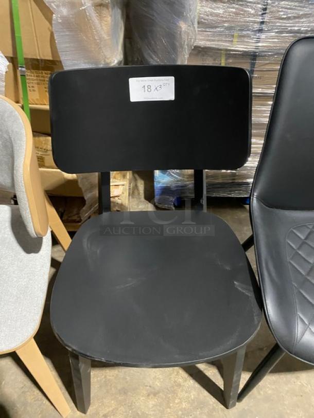 Brand new mid-century style dining chair, black finish, commercial-grade, labeled "18x18"; sturdy and stylish design.