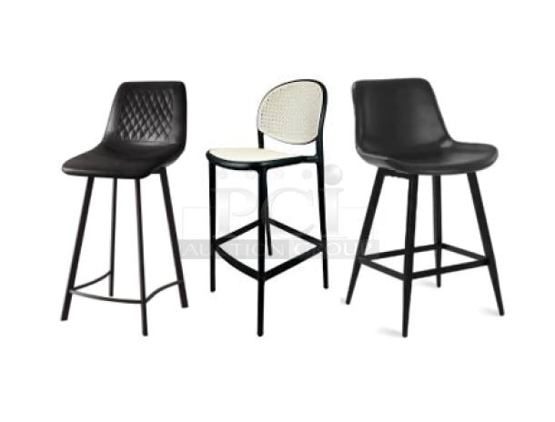 Three brand new modern bar-height dining chairs with black frames. Varied designs and cushioned seats.