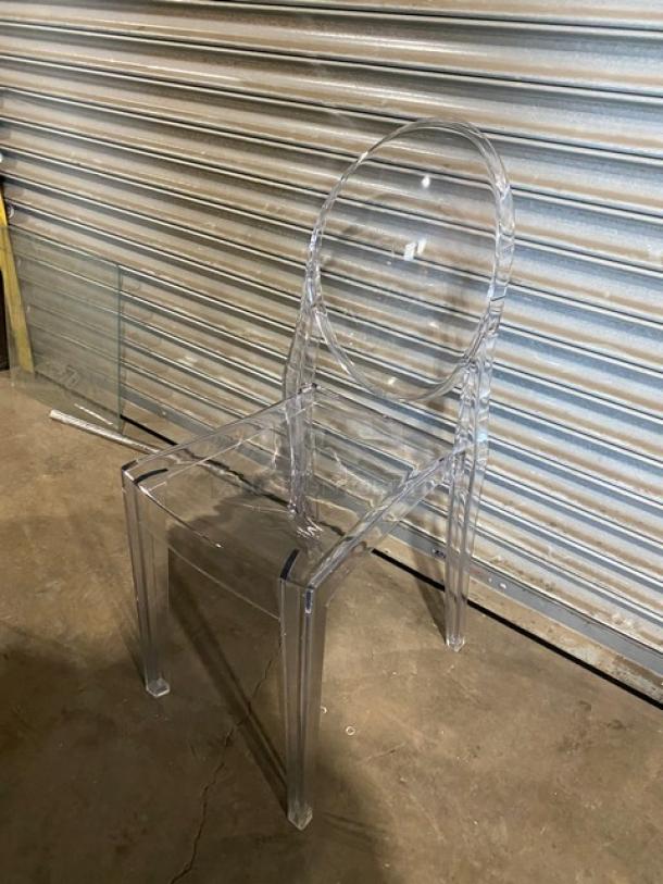 Brand new transparent ghost style chair, clear acrylic, stackable, suitable for indoor/outdoor use, modern design.