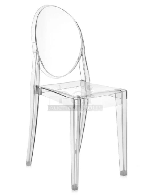 Brand new transparent ghost style chair, stackable for dining/patio use. Suitable for indoor/outdoor, modern design.