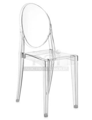 Brand new transparent ghost style chair, stackable for dining/patio use. Suitable for indoor/outdoor, modern design.
