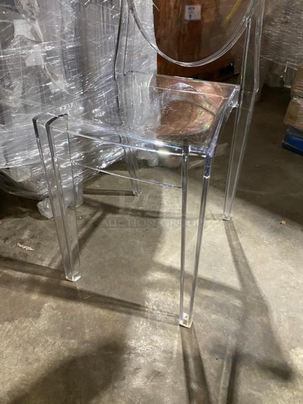 Commercial clear ghost-style transparent stackable chair, brand new. Suitable for indoor/outdoor use.