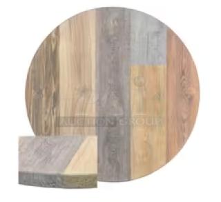 Brand new rustic wooden round dining table with durable multi-tone finish and 4-leg pedestal base. Commercial quality.