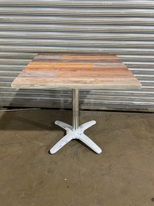 Brand new DuroWood 30"x30" rustic dining table, model DW-3030. Durable square top, 4-leg pedestal base, commercial quality.