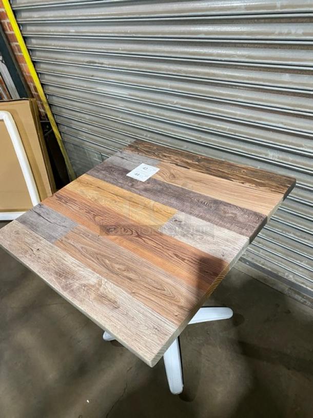 Brand new DuroWood 30"x30" rustic dining table, model DW3030. Features a 4-leg pedestal base, durable wood finish.