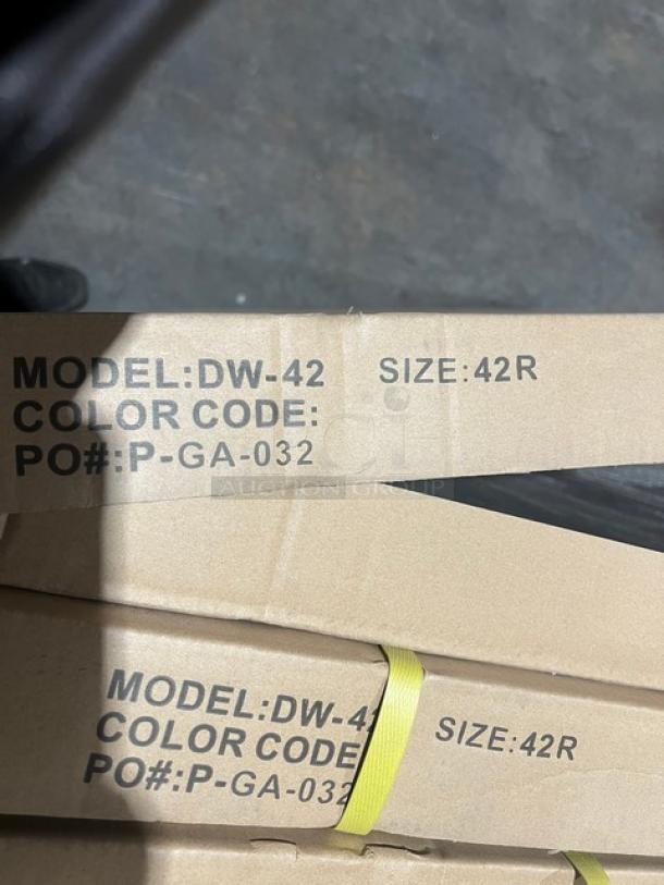 Brand new DuroWood 42" round dining table, model DW-42, with a 4-way pedestal base. Box marked "Size: 42R, PO#: P-GA-032".