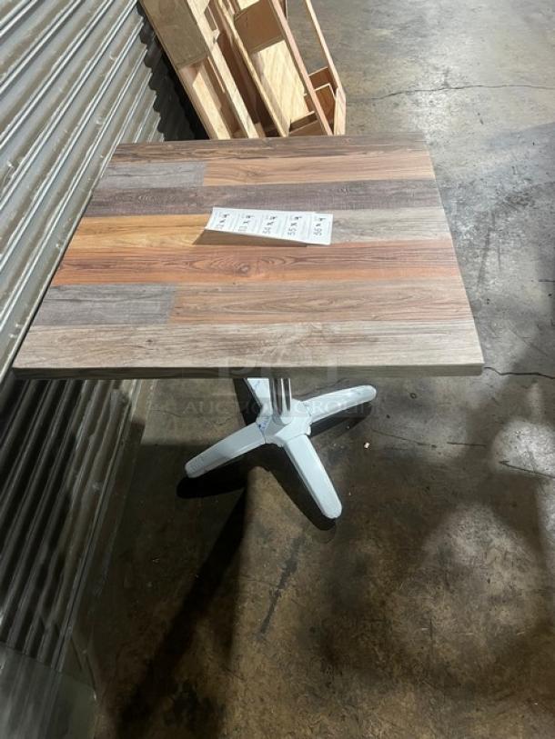 Brand new Barn Wood Plank Rustic DuroWood 30"x30" square dining table with 4-way pedestal base, model DW3030.