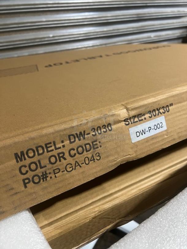Brand new DuroWood 30"x30" rustic dining table in box, model DW-3030, with 4-way pedestal base. Tags show model and size.