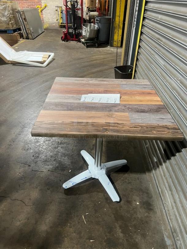 Brand new Durawood 30"x30" square dining table, barn wood plank top, 4-way pedestal base, model DW3030, rustic style.