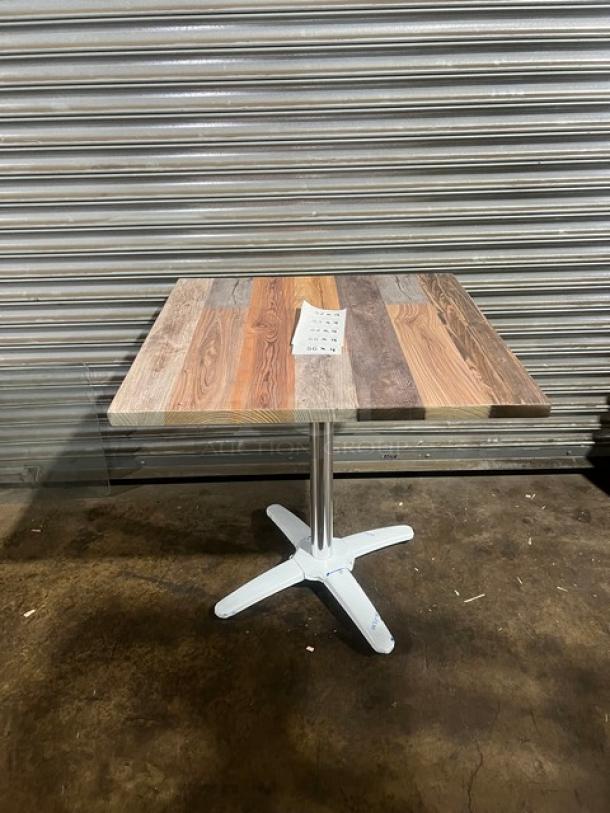 Brand new 30"x30" barn wood plank DuroWood dining table, model DW-3030, with 4-way pedestal base, rustic finish.