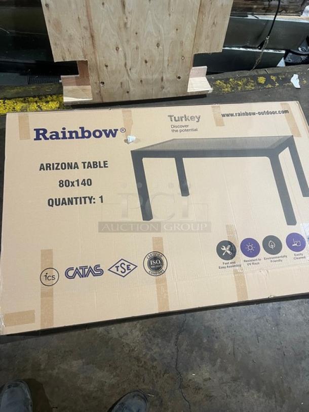 Brand new Rainbow Arizona Table box. 140"x80" faux wood, rattan finish, outdoor use, commercial grade.